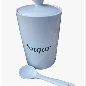 Crofton Stoneware Sugar Canister w/ Airtight Lid and Spoon Excellent Condition